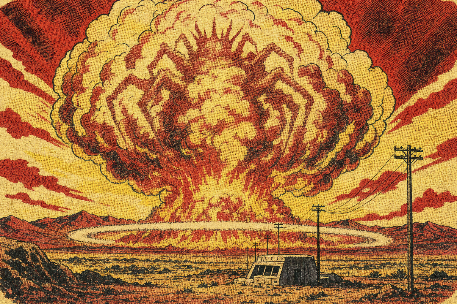 An atomic test cloud rising over a desert range