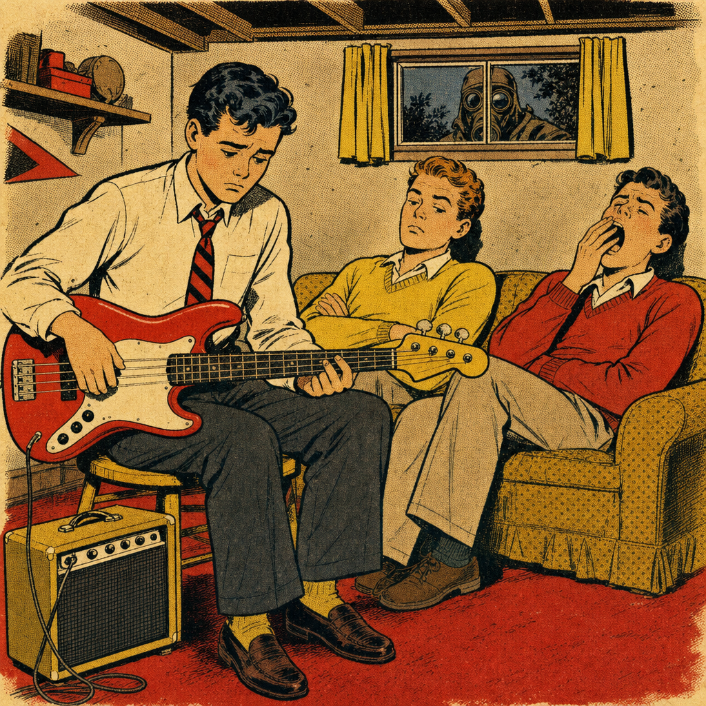 A young man with a bass and a small amplifier; his friends look bored