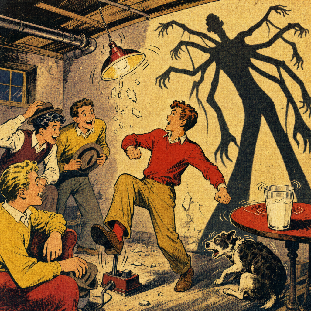 The basement shakes as he steps on the pedal