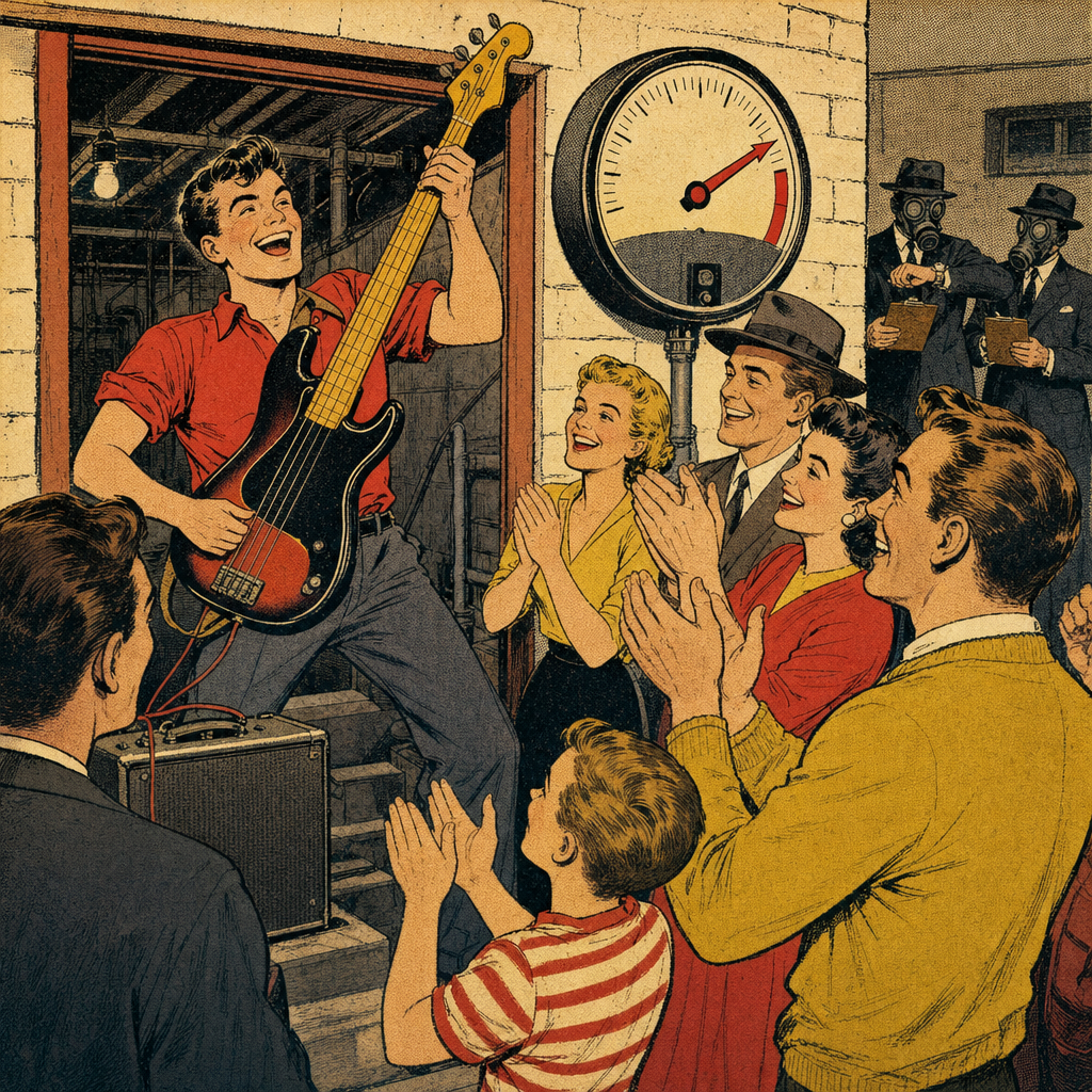 The neighbours applaud; a meter needle is pinned