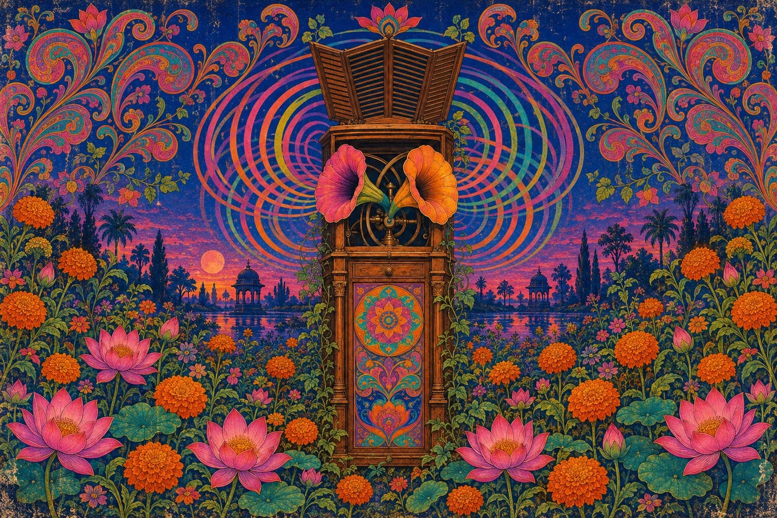 Lovely’s flower-horn rotary cabinet in a psychedelic garden