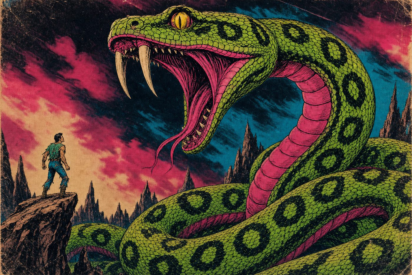 A man on a rock dwarfed by a colossal serpent