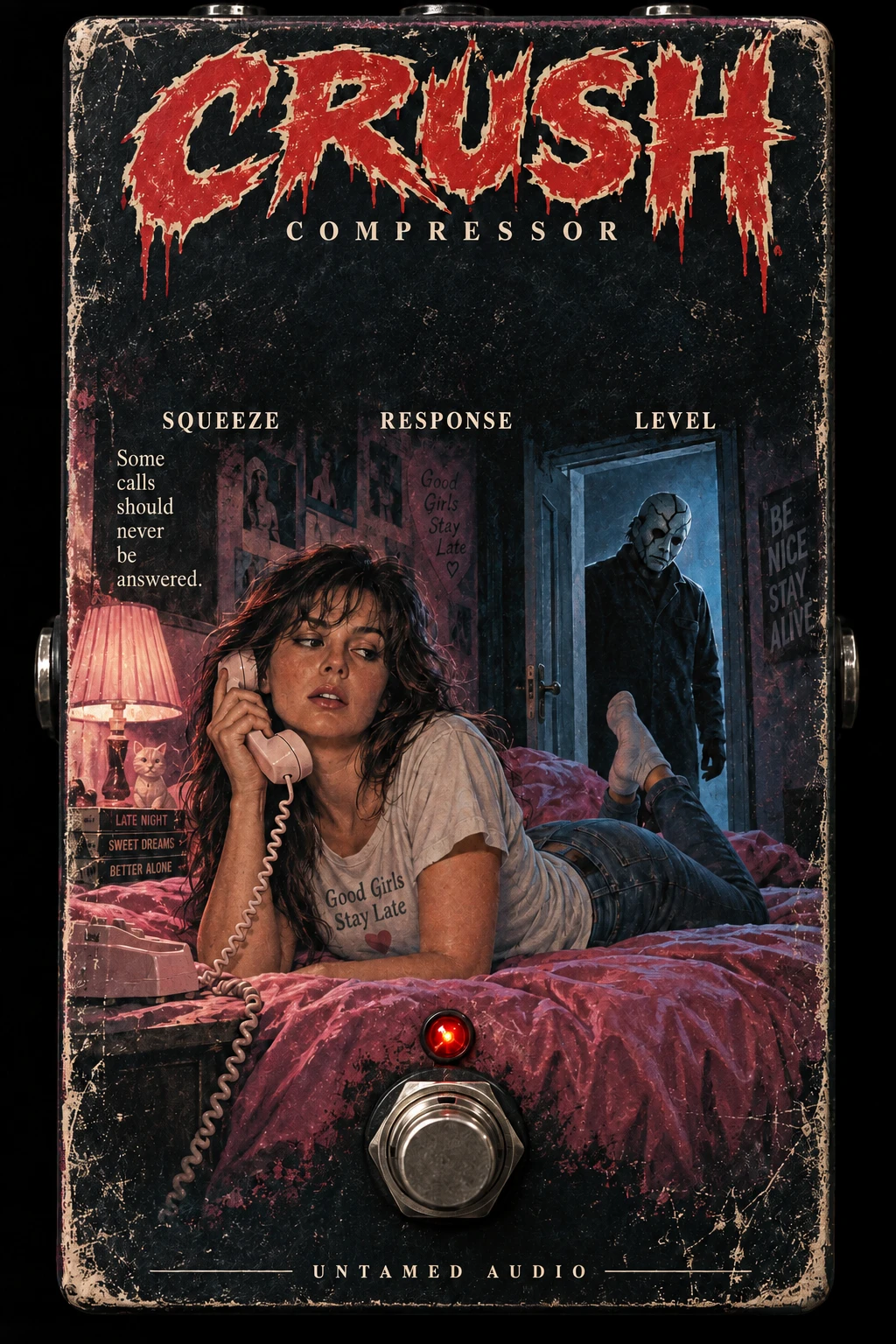 A worn CRUSH pedal with original slasher-cover artwork