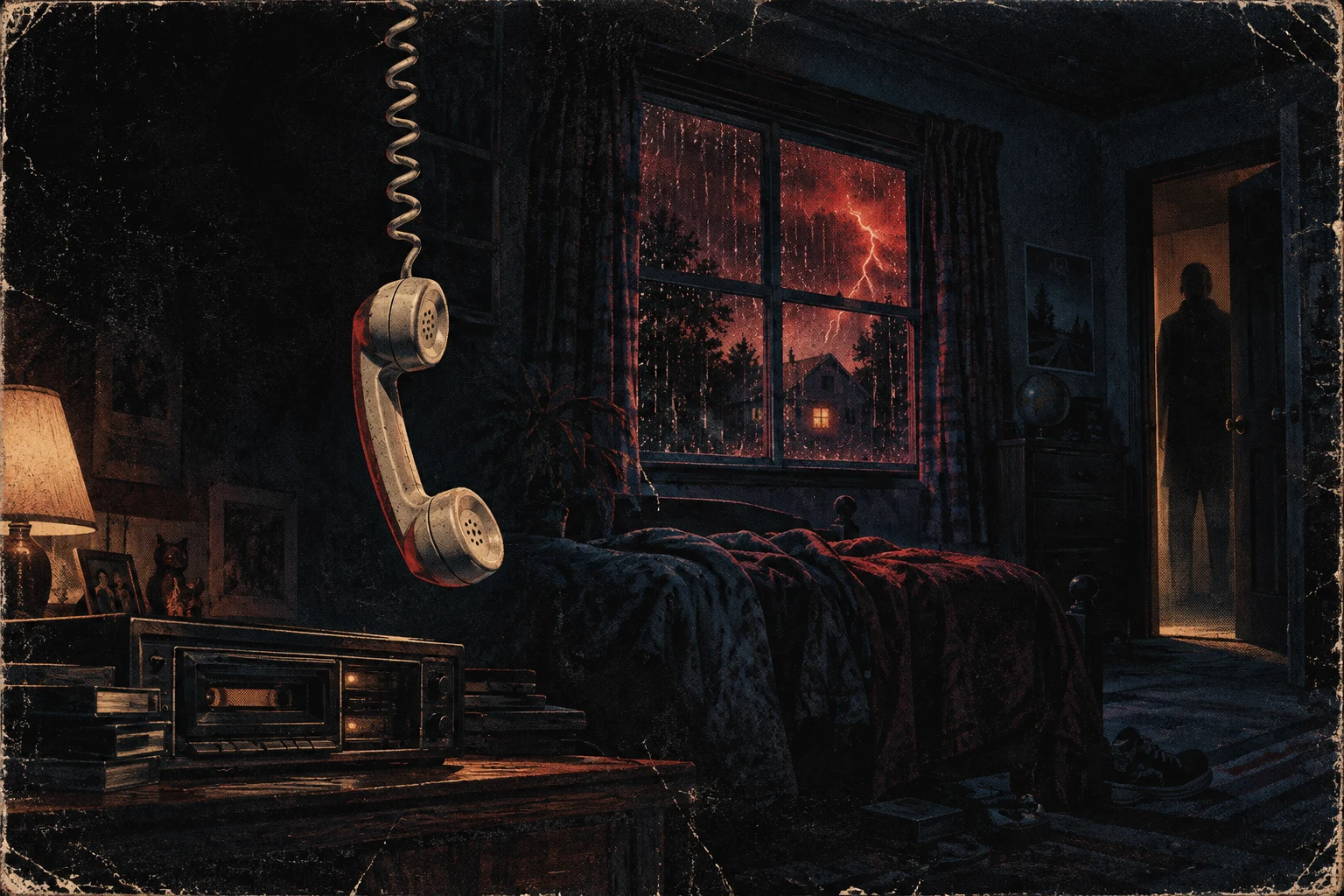 CRUSH’s slasher VHS scene: a hanging telephone in a storm-lit room