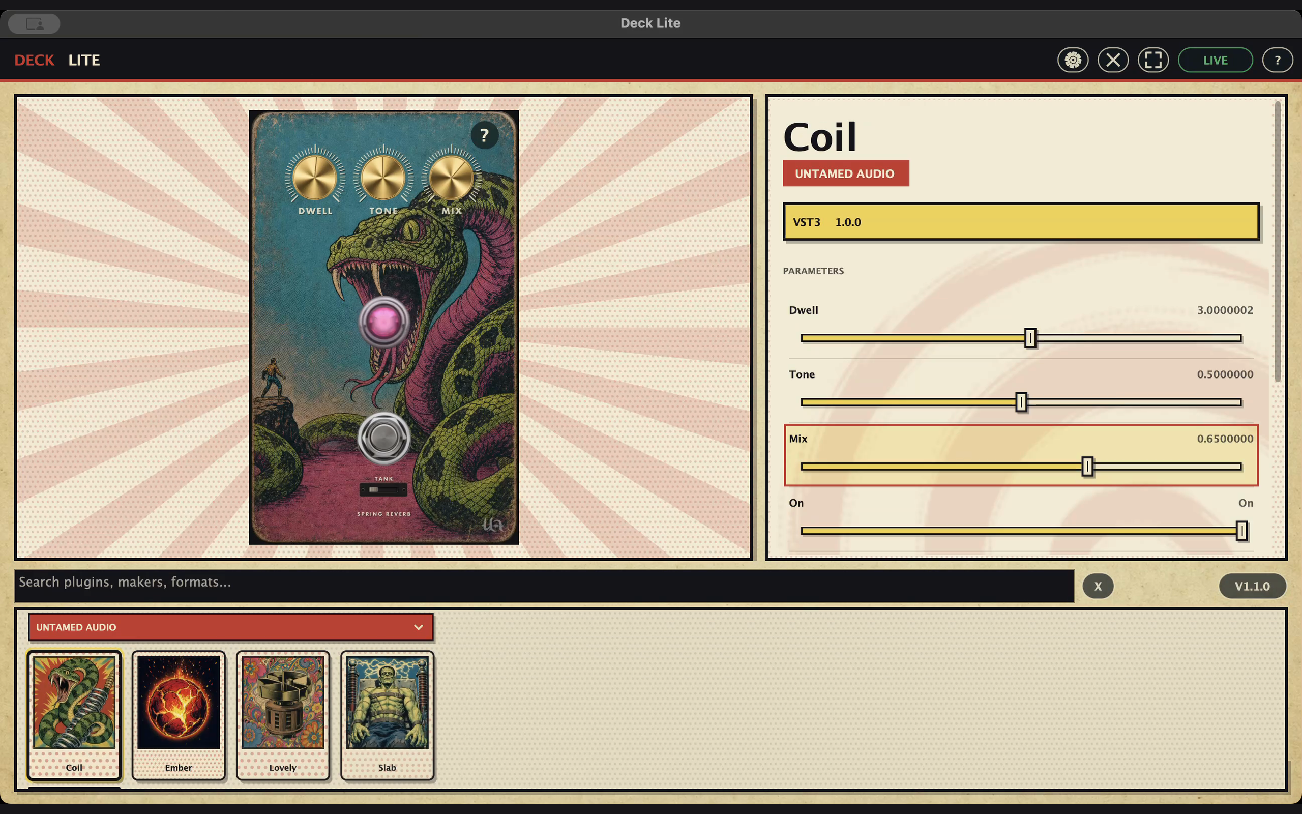 Deck Lite hosting Coil, with only Untamed Audio plugins Coil, Ember, Lovely and Slab in the card browser