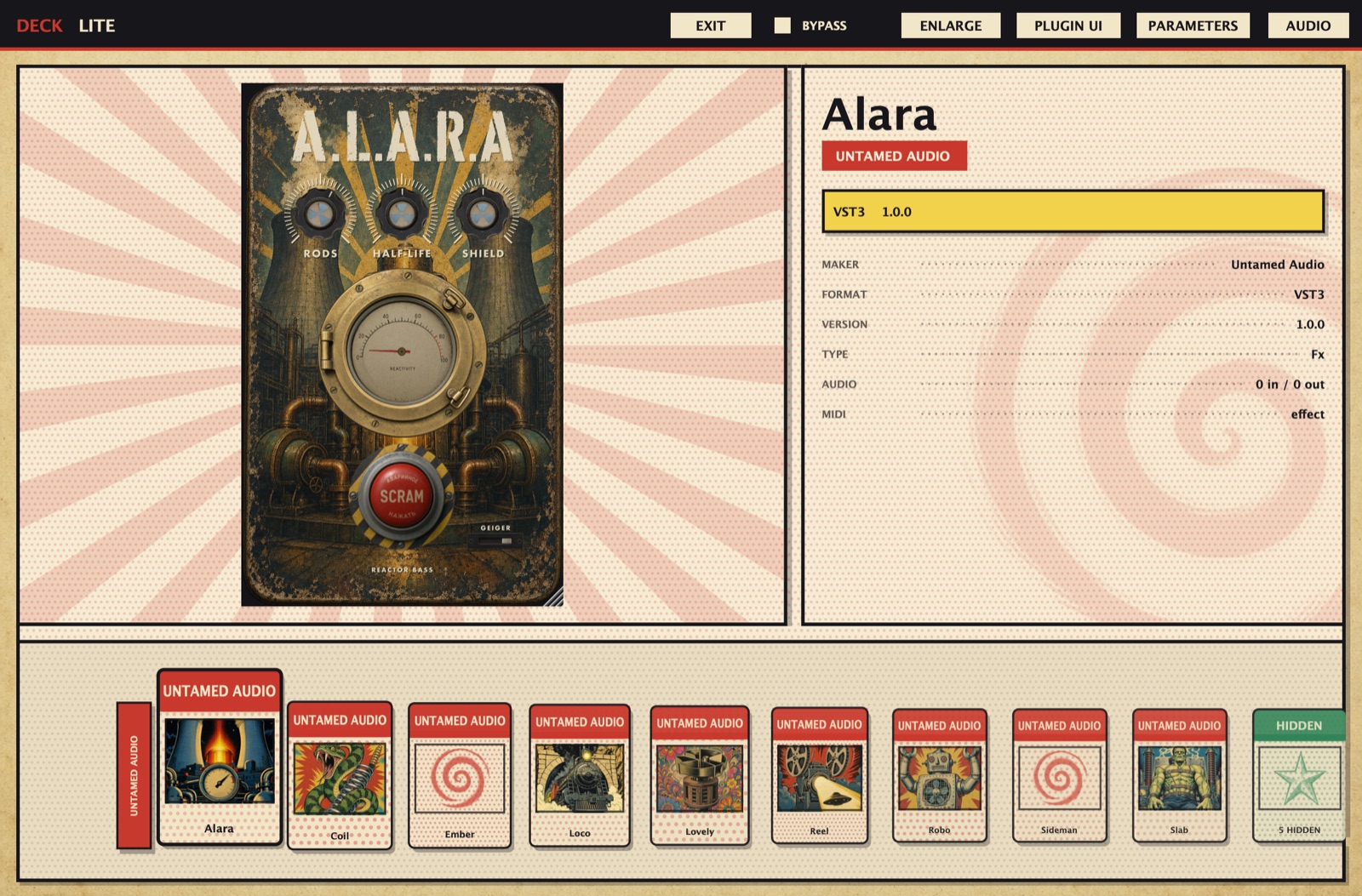 Deck Lite hosting Alara, with the plugin's own interface on the left, its details on the right, and a hand of plugin cards dealt along the bottom