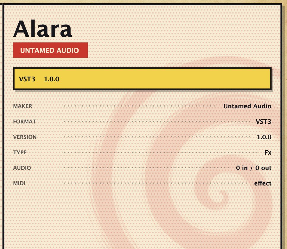 The details panel beside a running plugin, listing maker, format, version, type and channel count