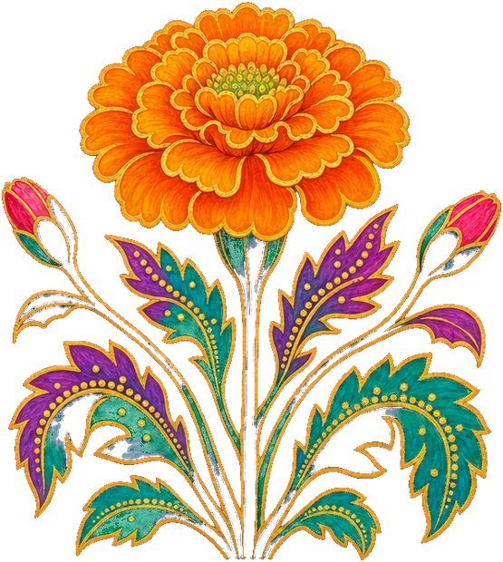 A painted marigold with a butterfly over it