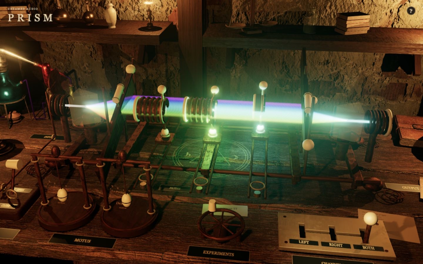 PRISM’s glowing spectrum passes through brass filters and glass prisms on a candlelit wooden workbench