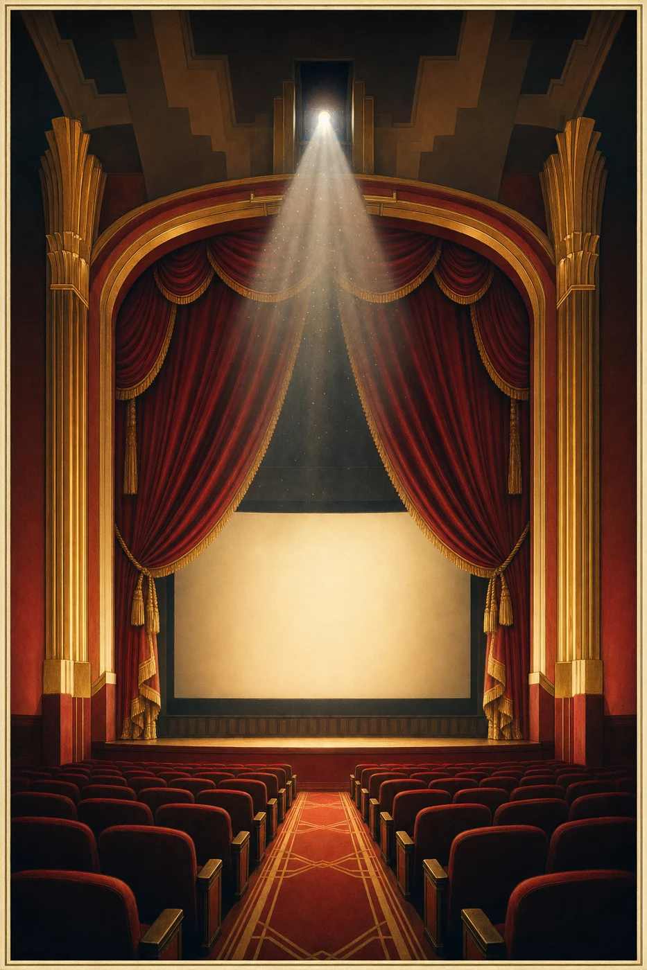 Curtains opening onto a vintage cinema screen
