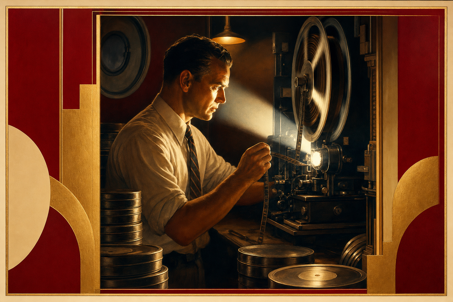 A projectionist threading a carbon-arc projector