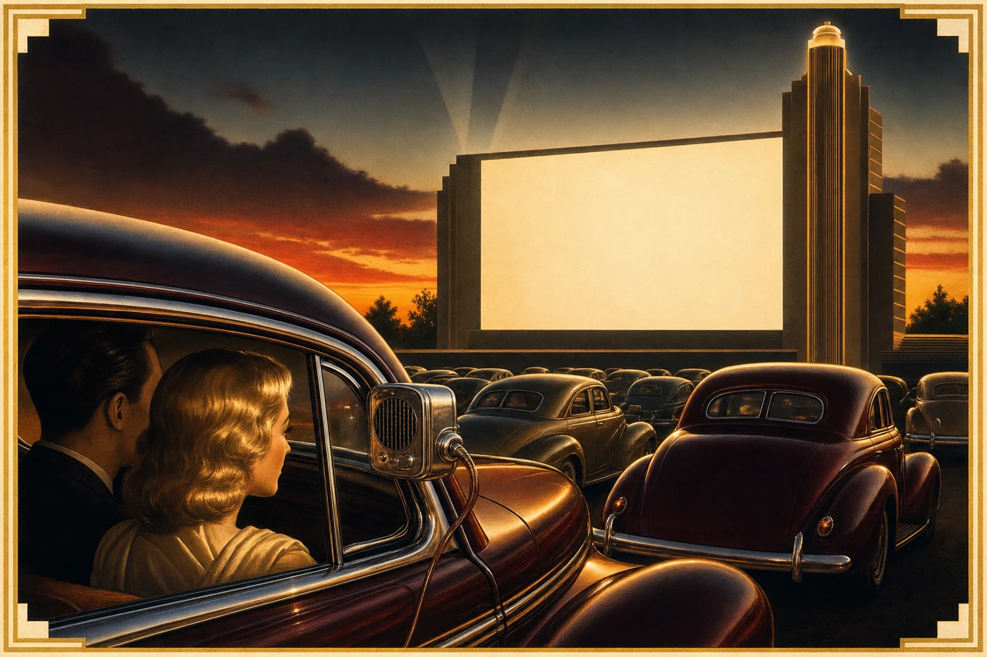 A couple at a drive-in with a small speaker hanging from their car window