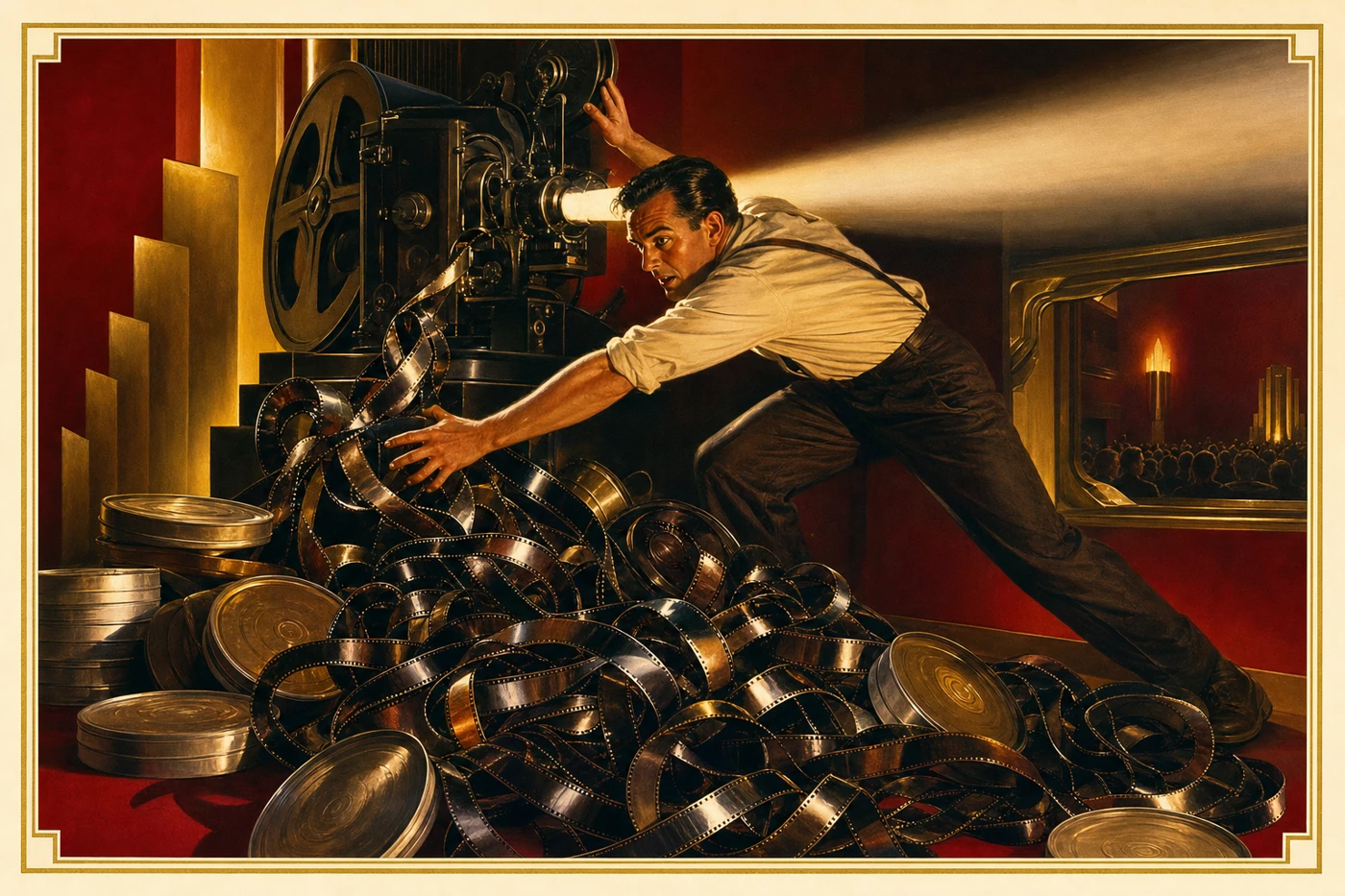 Film spilling from a projector as the projectionist reaches for it