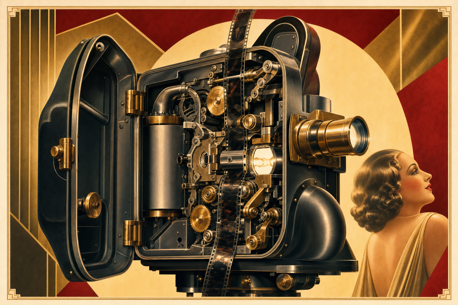 A projector with its housing swung open, claw and sprockets exposed