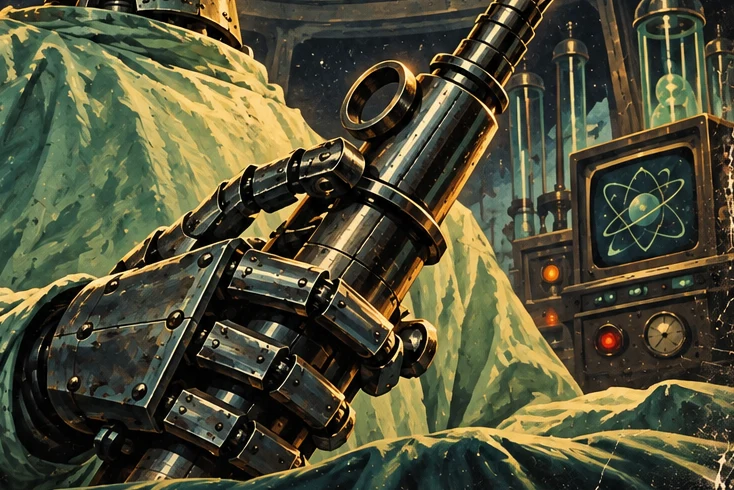 The doctor's mechanical hand holds a gleaming surgical blade