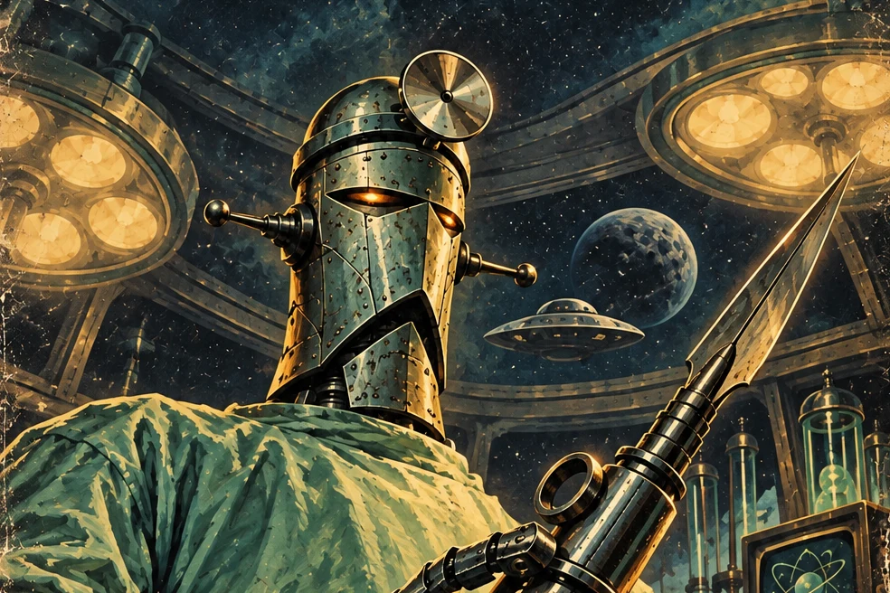 An alien robot surgeon looms beneath the operating lights